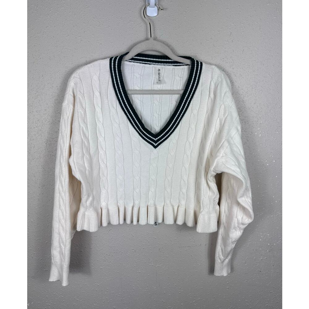 AS Revival Ivory Cable-Knit Cropped Varsity Sweater Womens Size Large
